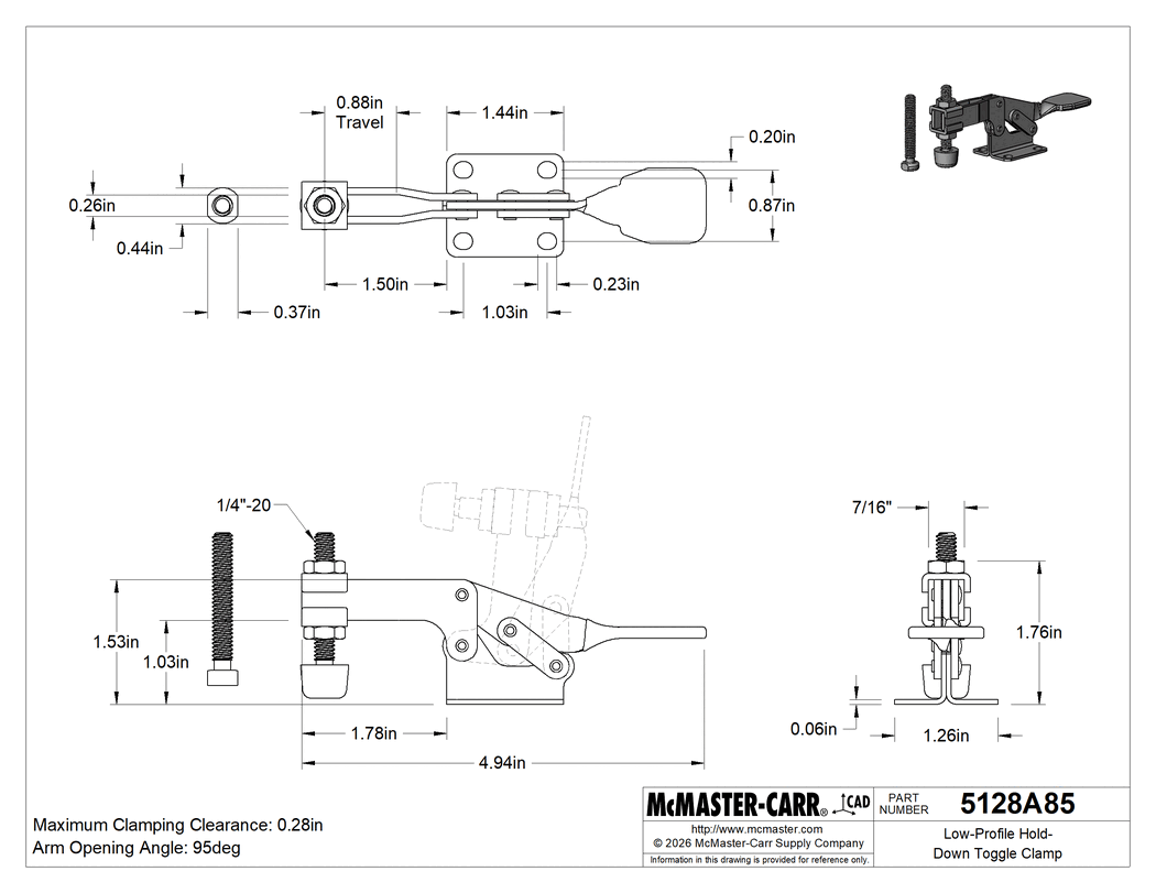 Technical Drawing of Low-Profile Hold-Down Toggle Clamp, Open Arm, Steel, 360 lbs. Holding Capacity.